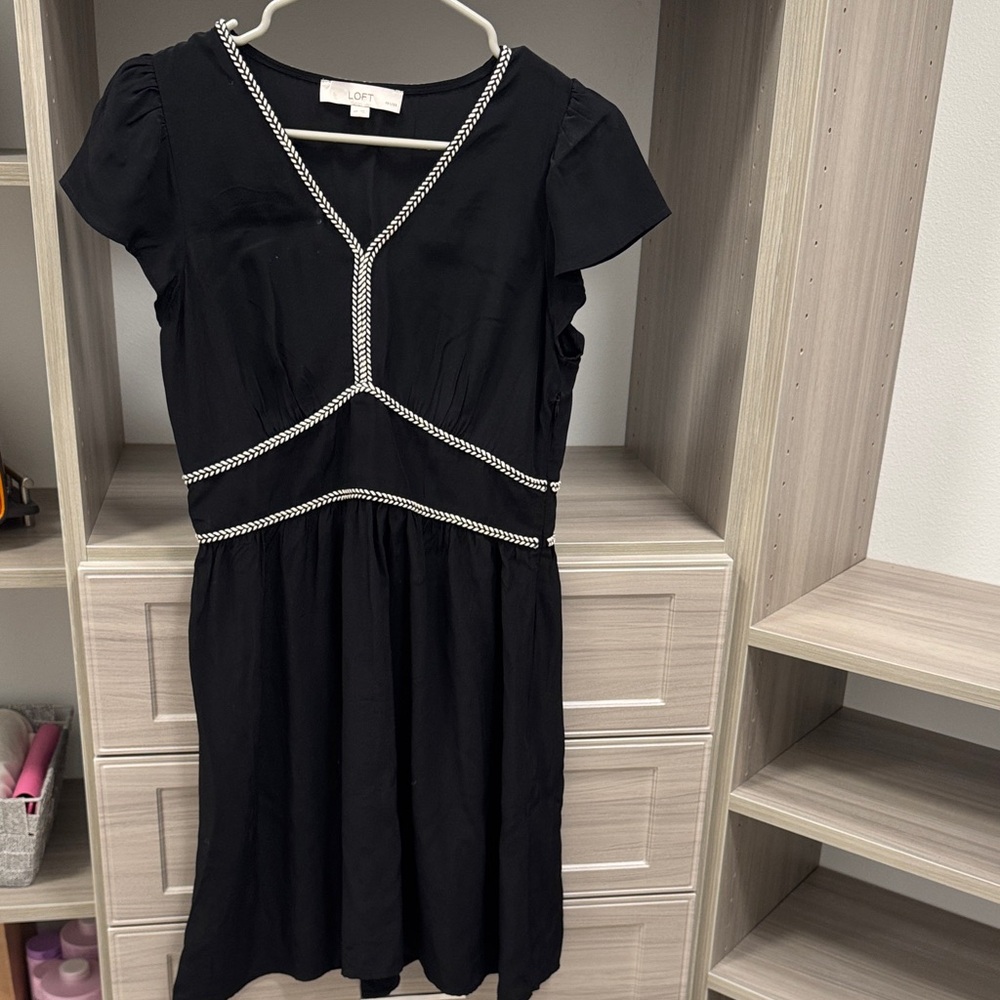 LOFT Black Midi Dress with Braided Contrast Trim